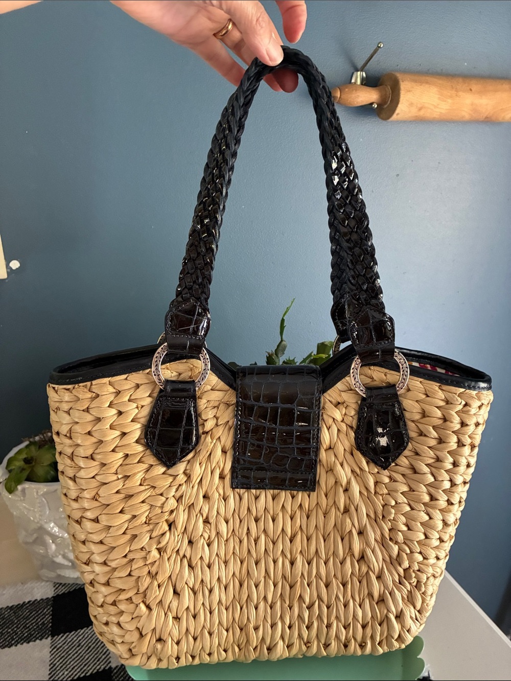 Brighton Straw Woven Tote with Black/Dark Navy Braided Handles - Picture 6 of 10